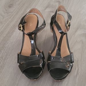 Clarks patent leather wedges